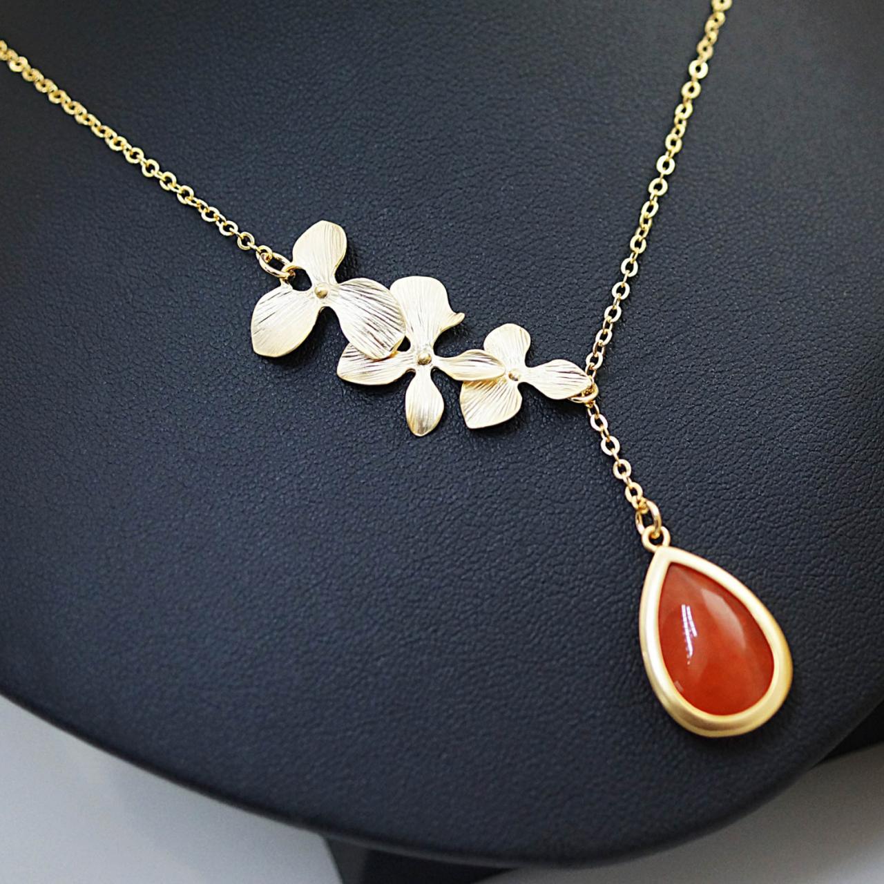Wedding Jewelry Bridesmaid Gifts Bridesmaid Jewelry Orchid Trio Flower With Glass Tear Drop Necklace , For Her. Gift For Her