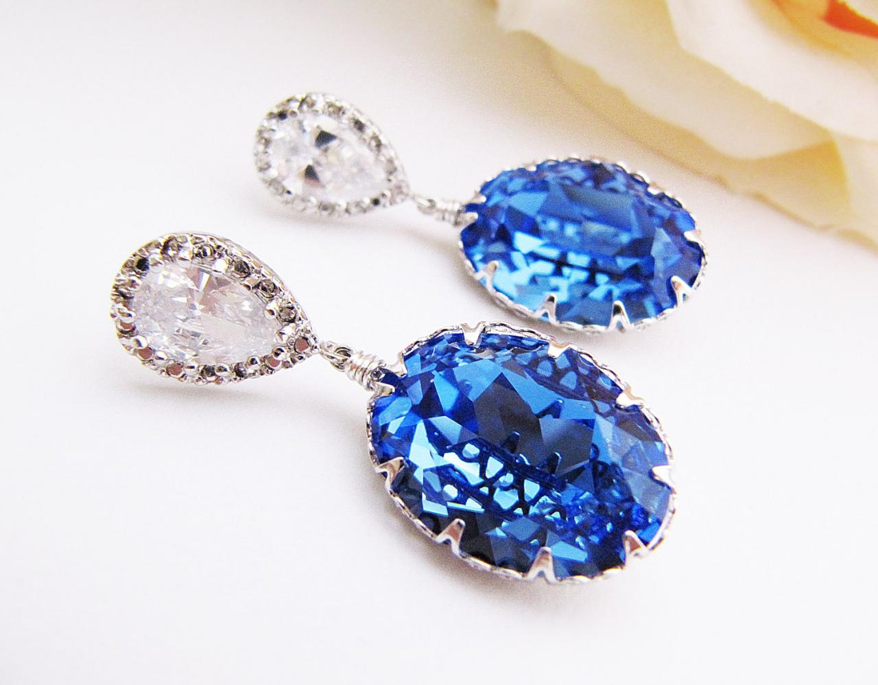 Matte Rodium Plated Cubic Zirconia Ear Posts With Sapphire Swarovski Crystal Oval Drops Bridal Earrings