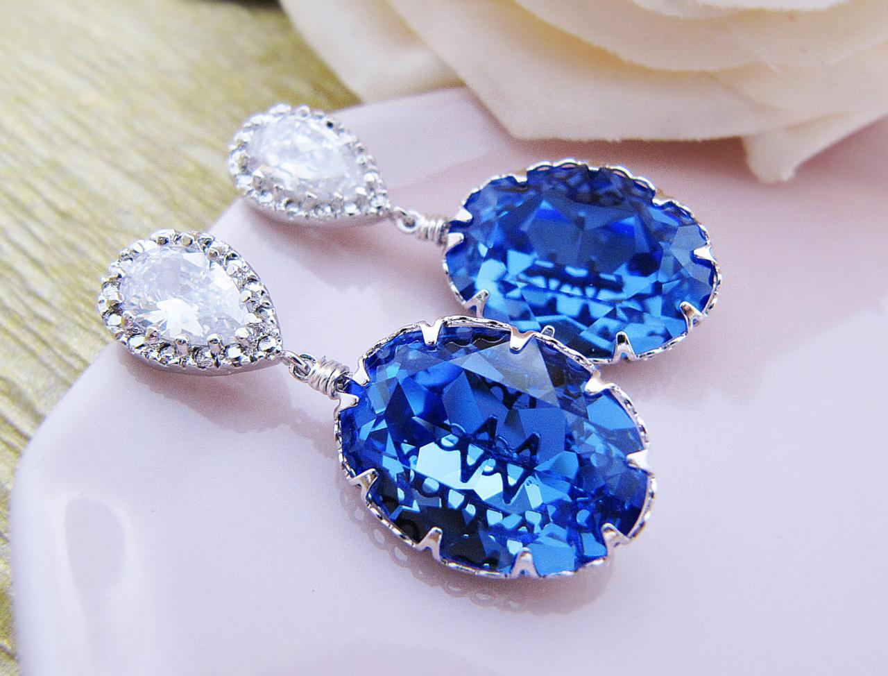 Matte Rodium Plated Cubic Zirconia Ear Posts With Sapphire Swarovski