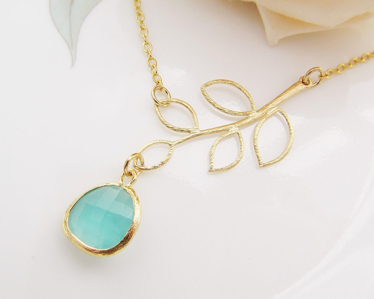 Simple Leaf With Sea Foam Mint Opal Glass Drop Necklace , For Her. Gift For Her