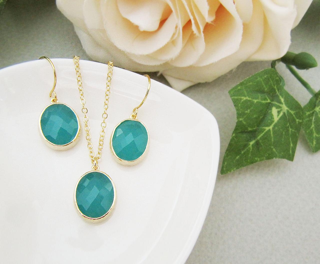 Bridesmaid Earrings Bridesmaid Necklace Bridesmaid Jewelry Set Gold Trimmed Mint Opal Glass Jewelry Set