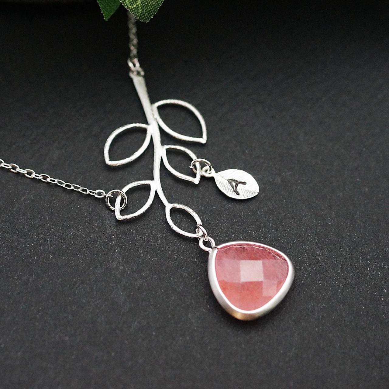 Personalized Necklace Bridesmaid Gift Simple Leaf With Baby Pink Jade Pendant And Initial Leaf Charm Necklace , For Her. Gift For Her