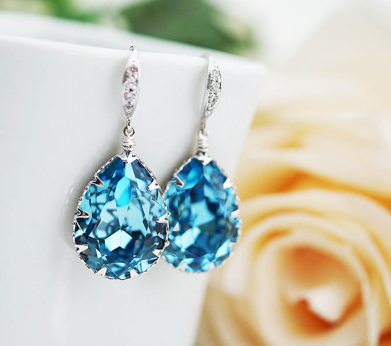 Bridal Earrings Bridesmaid Earrings Cubic Zirconia Ear Wires And Aquamarine Swarovski Crystal Tear Drops