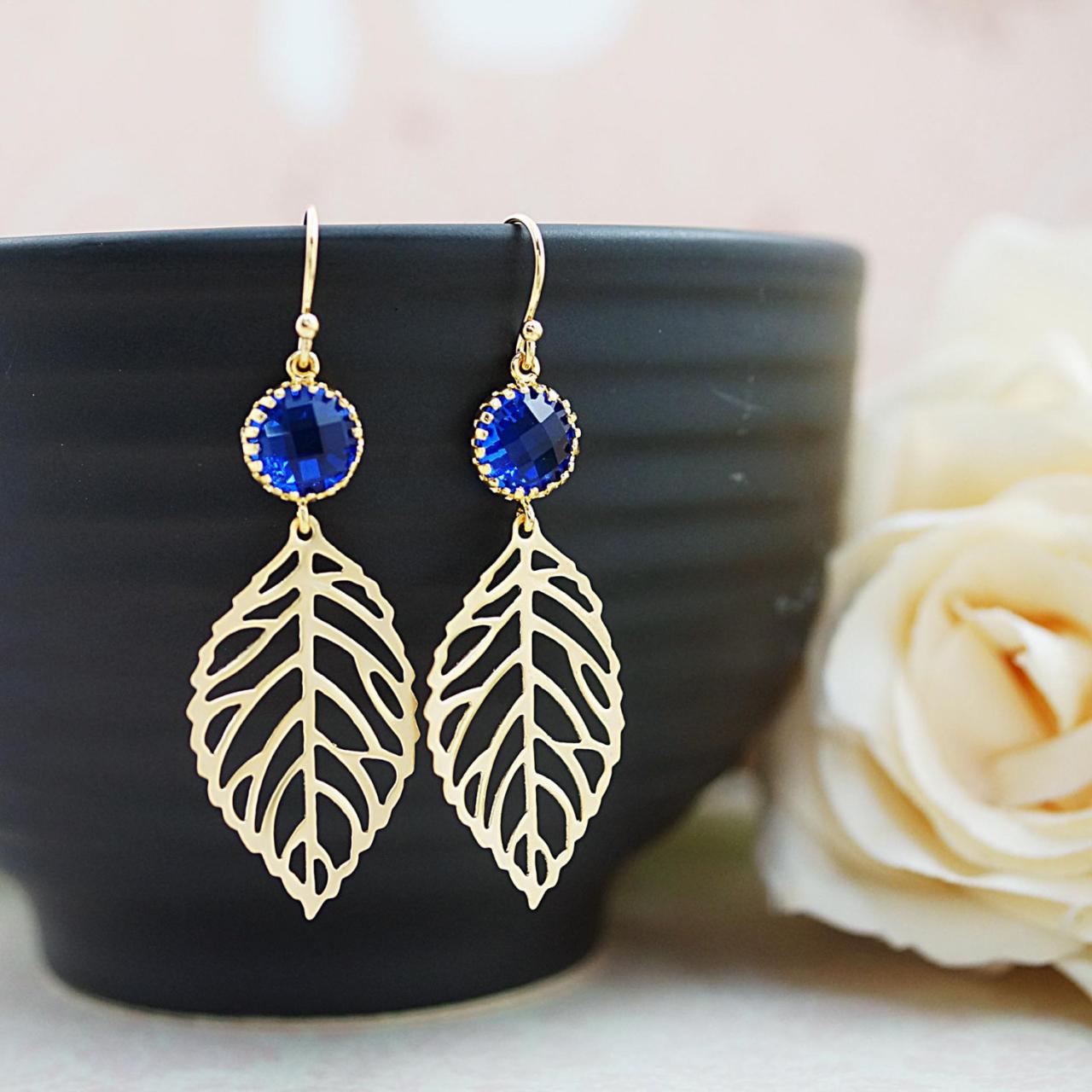 Wedding Jewelry Bridesmaid Gift Bridesmaid Earrings Bridesmaid Jewelry Dangle Earrings Leaf Charm And Sapphire Blue Connector Drop Earrings