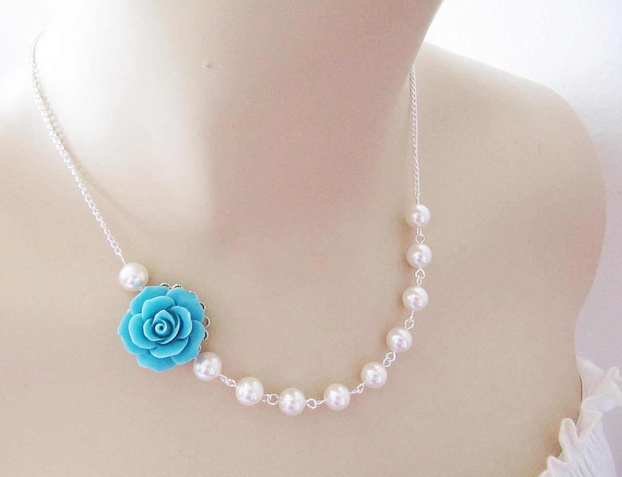 Light Turquoise Blue Rose Flower Cabochon And Crystal White Swarovski Pearls Bridal Necklace