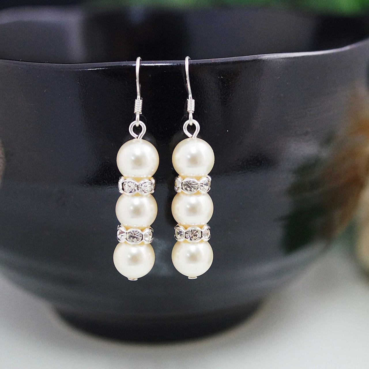 Sweet Crystal White Swarovski Pearls With Rhinestone Rondelles Bridal Bridesmaid Earrings