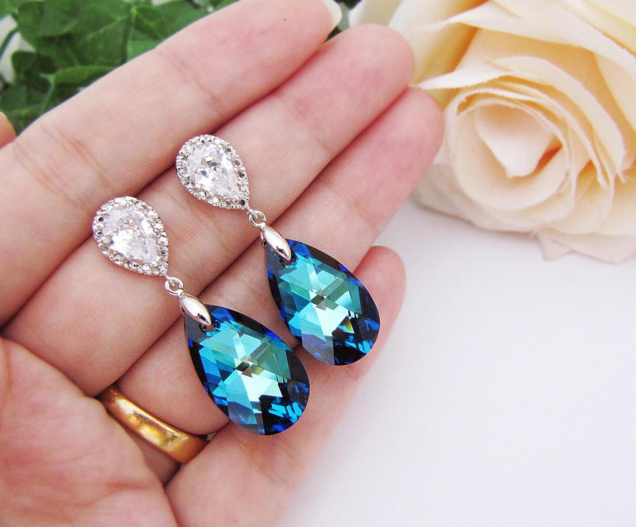 Something Blue Wedding Jewelry Bridesmaid Earrings Bermuda Blue Swarovski Crystal Drops