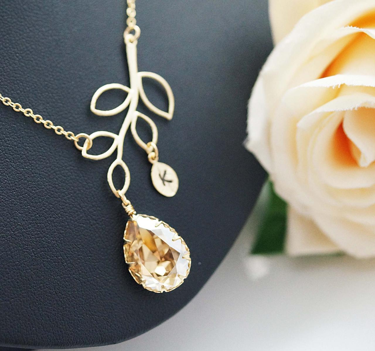 Personalized Necklace Bridesmaid Gift Simple Leaf with Swarovski Tear drop and initial leaf charm Necklace , Christmas gift . Gift for Her