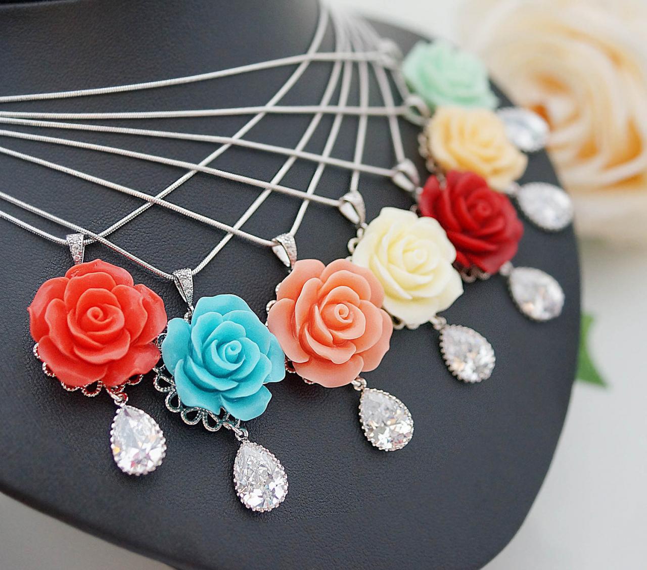 Wedding Jewelry Bridesmaid Gifts Bridesmaid Jewelry Bridesmaid Necklace Rose Flower Cabochon With Cz Tear Drop Necklace Christmas Gift