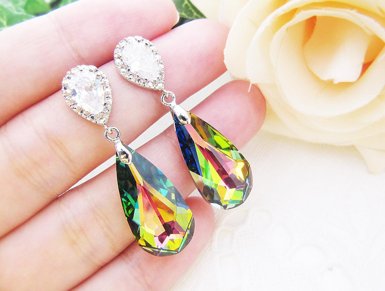 Wedding jewelry Cubic zirconia ear posts with large Vitrail Medium Swarovski Crystal drops
