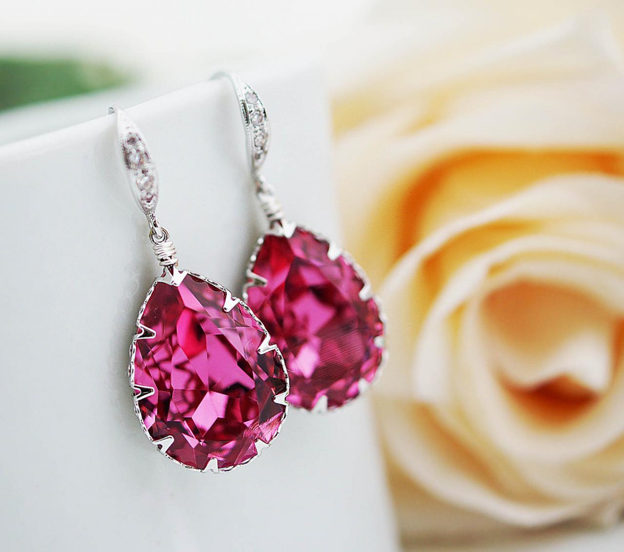 Bridal Earrings Bridesmaid Earrings cubic zirconia ear wires and Rose Pink Swarovski Crystal Tear drops