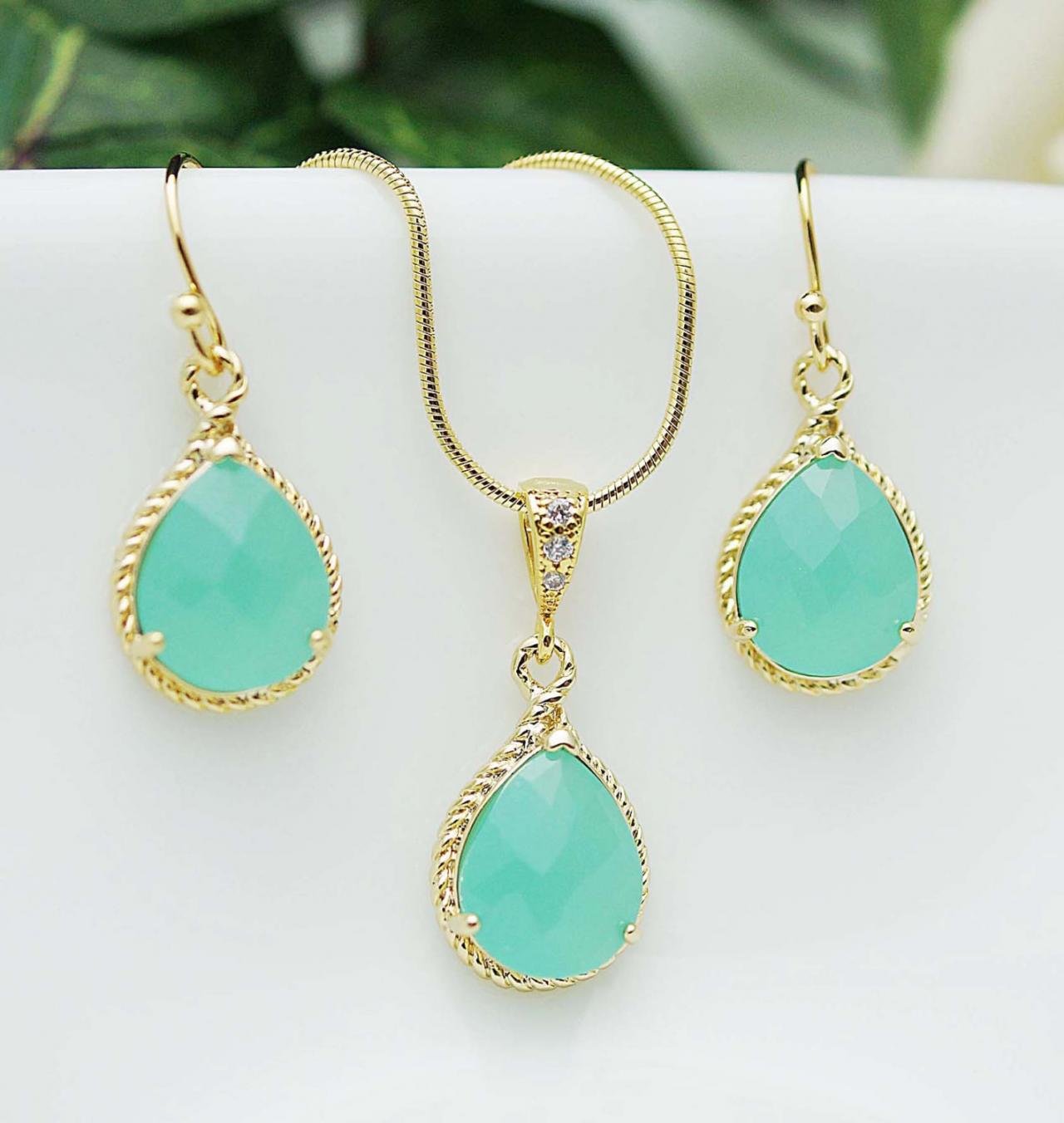 Wedding Jewelry Bridesmaid Jewelry Bridesmaid Earrings Bridesmaid Necklace Mint Opal Glass Gold Trimmed Pear Cut Bridesmaid gift