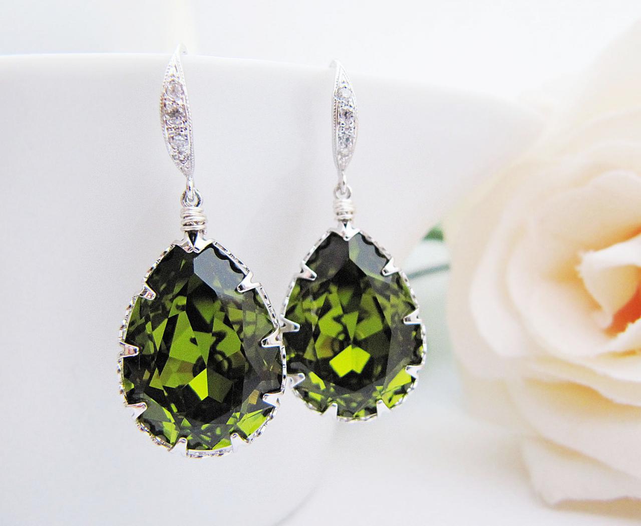 Bridal Earrings Bridesmaid Earrings Cubic Zirconia Ear Wires And Olivine Olive Color Swarovski Crystal Tear Drops