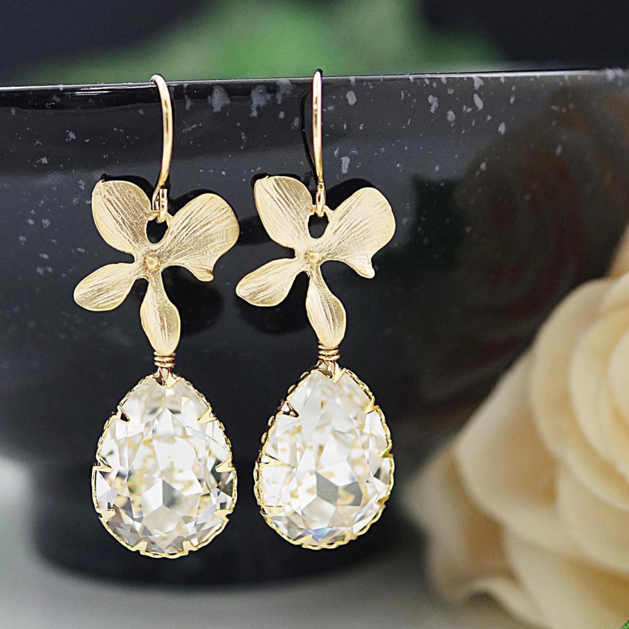 Wedding Bridesmaid Gifts Bridal Earrings Bridesmaid Earrings Orchid Flower And Clear White Swarovski Crystal Tear Drops Dangle Earrings