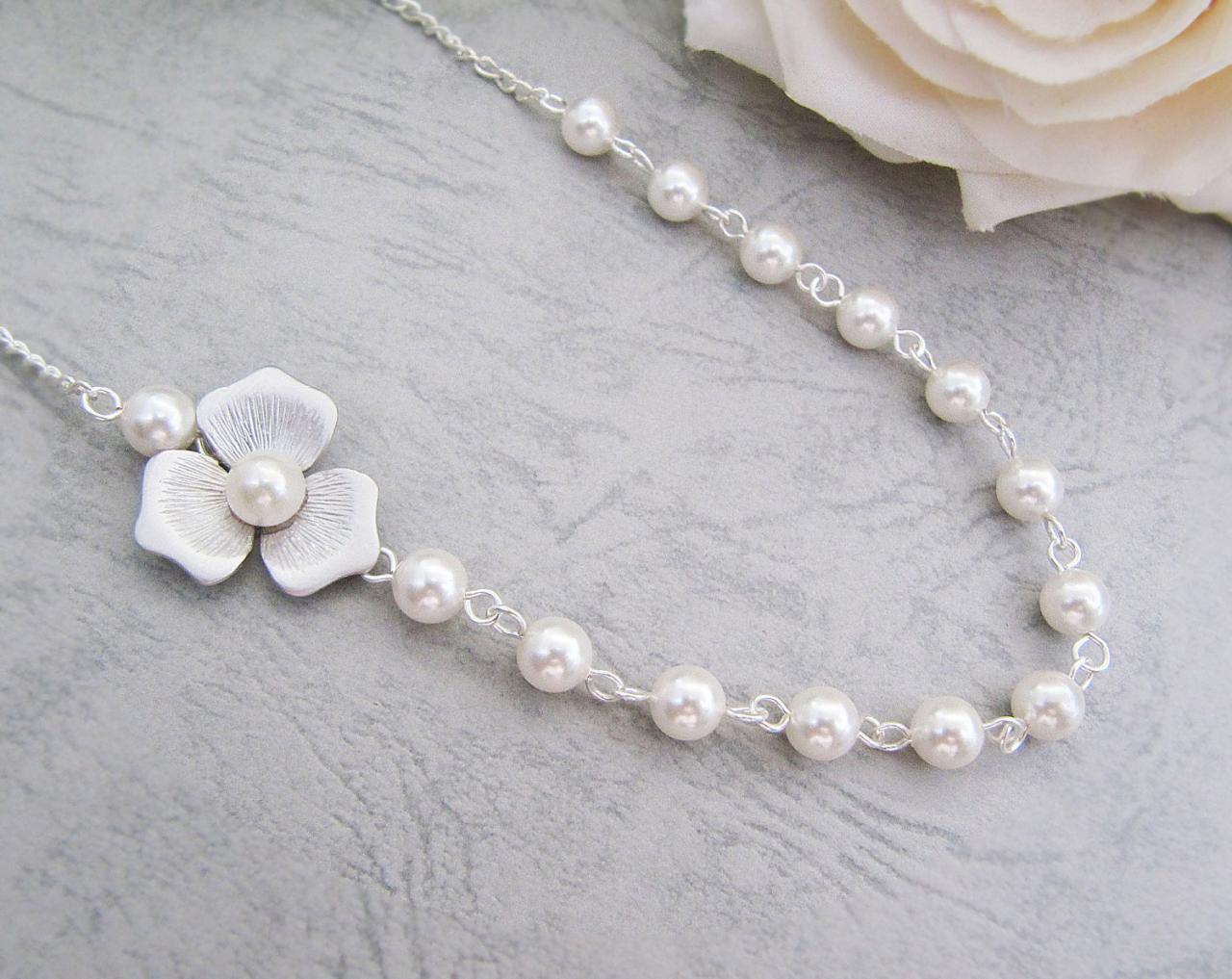 Matte Rodium Finish Flower Charm With Fresh Water Shell Pearl And Crystal White Swarovski Pearls Bridal Necklace