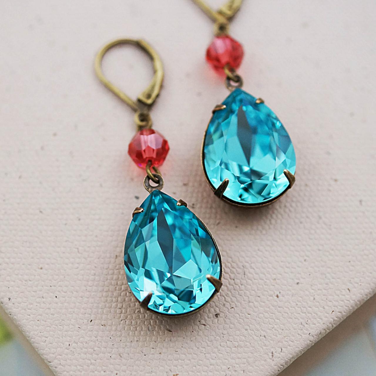 Wedding Jewelry Bridesmaid Earrings Dangle Earrings Estate Style Earrings Light Turquoise with Rose Peach Swarovski Crystal Dangle Earrings