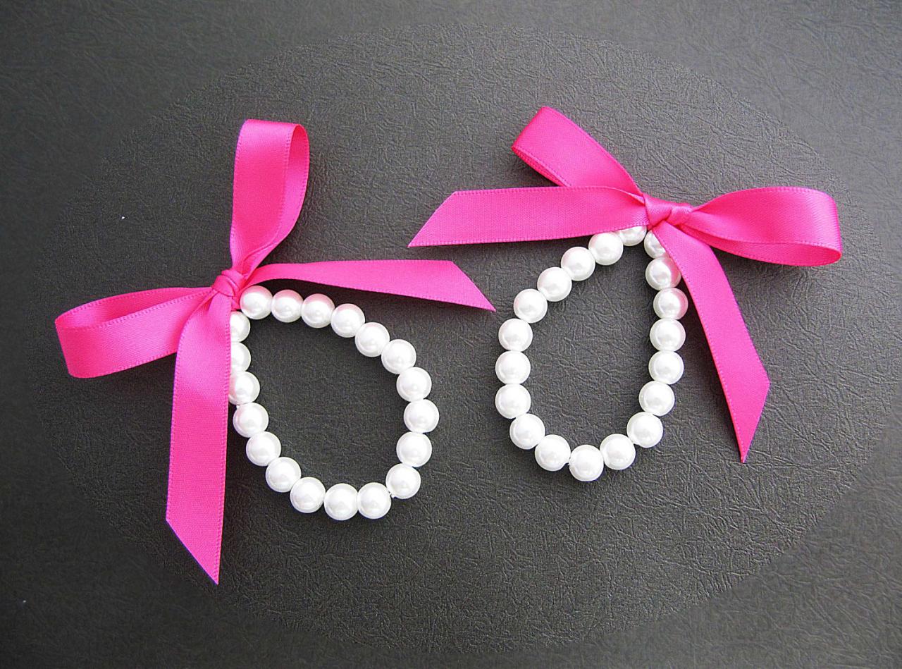 Set Of 2 Flower Girl Bracelet Bridesmaid Bracelet Sweet White Glass Pearl And Ribbon - Choose Your Preferred Color