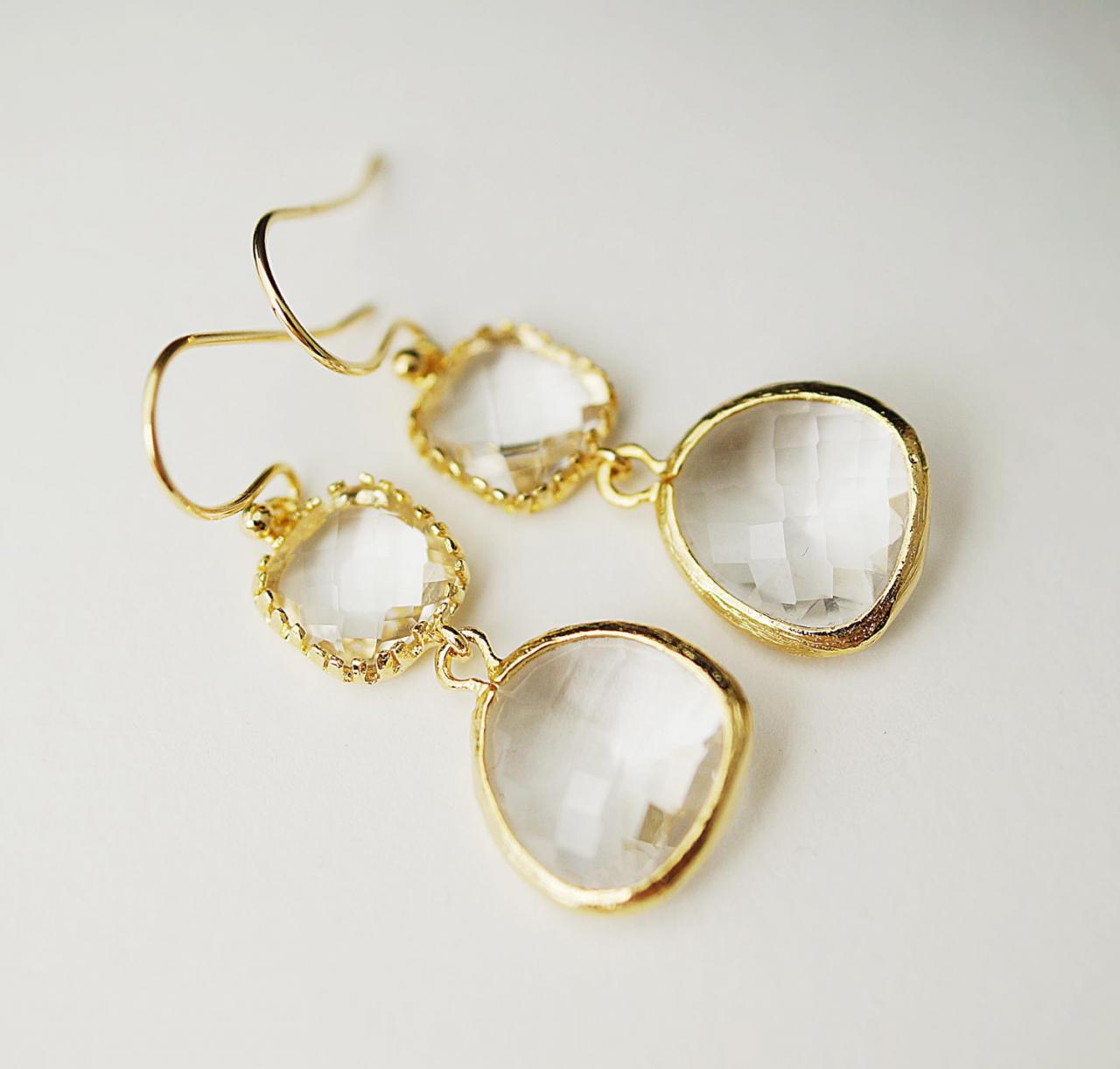 Wedding Jewelry Bridesmaid Earrings Dangle Earrings Gold Framed Clear White Glass Drop Earrings