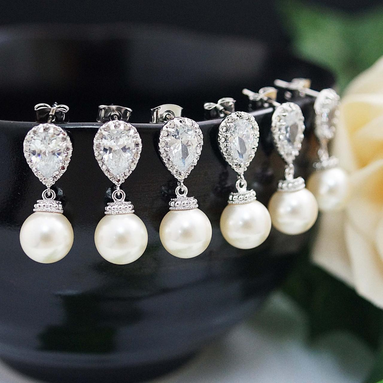 Wedding Bridesmaid Gift Bridal Earrings Bridesmaid Earrings Cz Ear Posts And Swarovski Pearl Dangle Earrings Pearl Jewelry Pearl Earrings