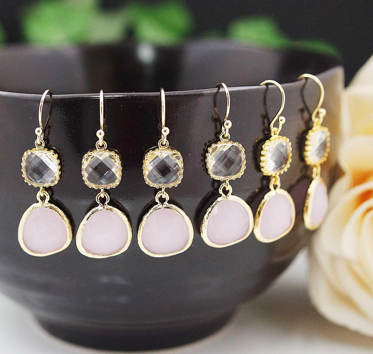 Wedding Jewelry Bridesmaid Earrings Dangle Earrings Gold Framed clear white and pink opal icy pink glass drop Earrings