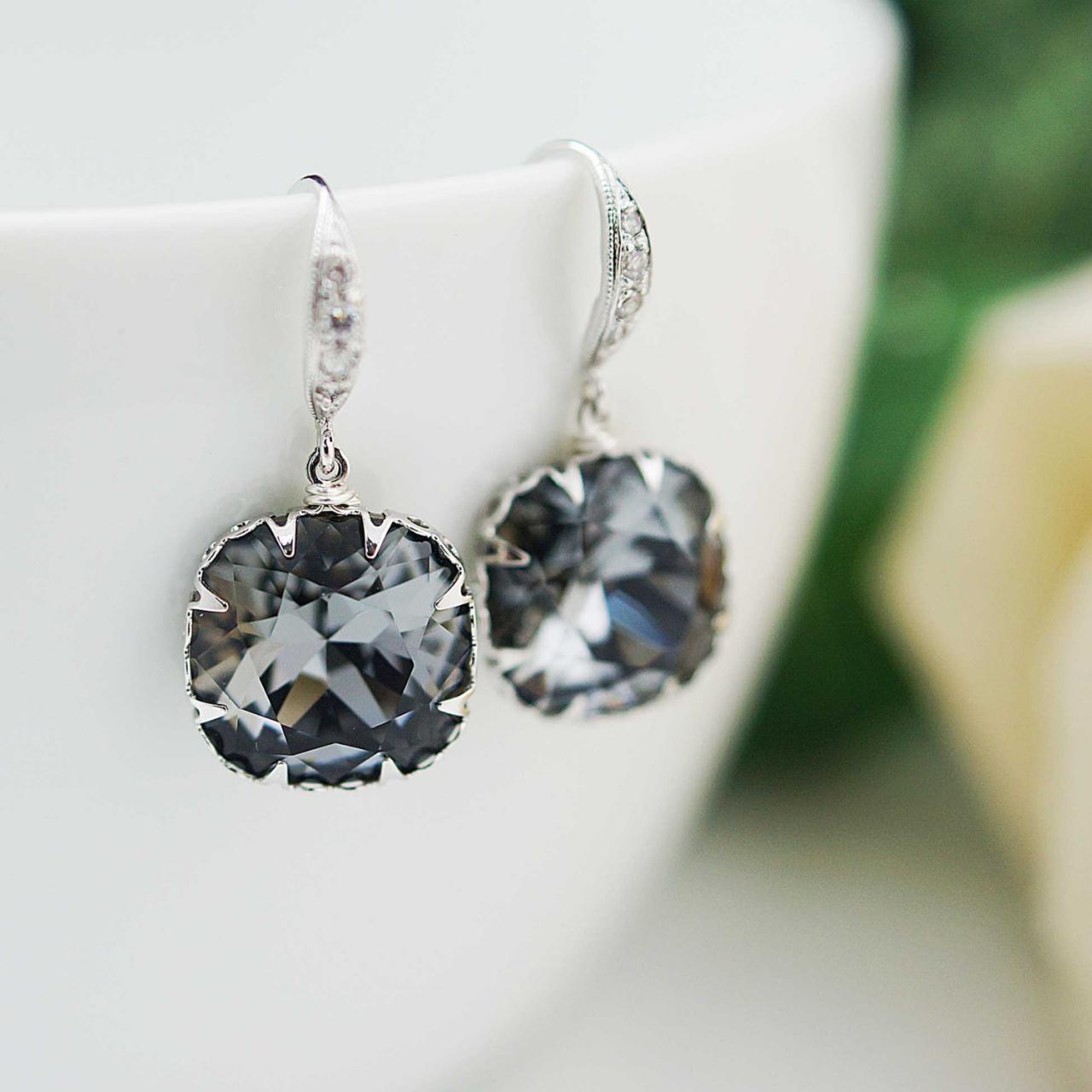 Bridal Earrings Bridesmaid Earrings Rodium Plated Over Sterling Silver Ear Hooks With Crystal Silver Night Swarovski Crystal Square Drops