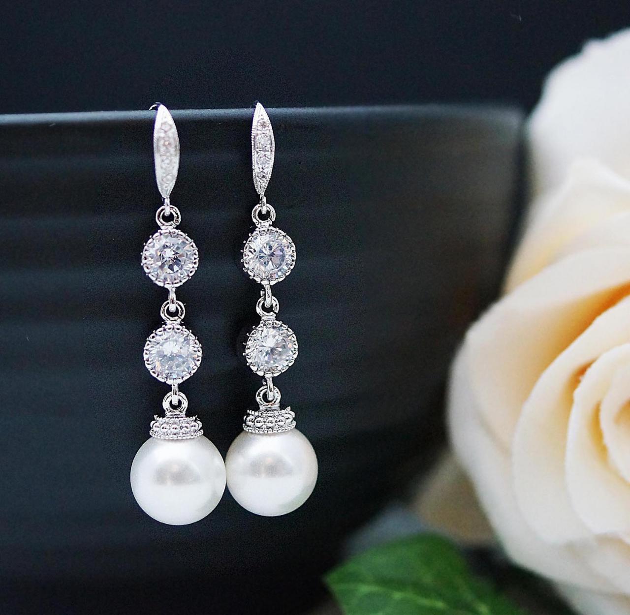 Wedding Dangle Earrings Bridal Jewelry Bridal Earrings Bridesmaid Earrings Crystal White Swarovski Pearls And Cubic Zirconia Connectors