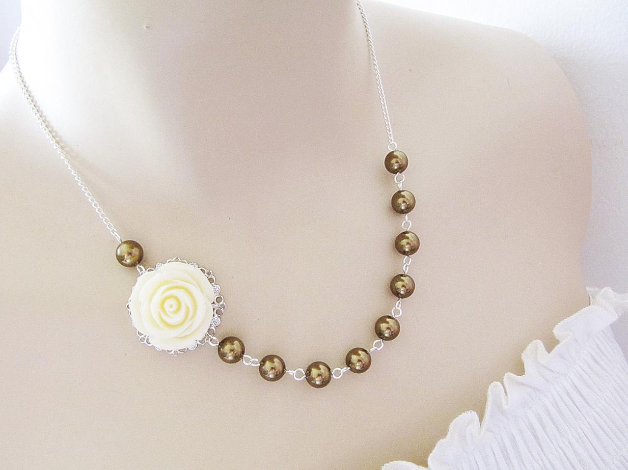 Cream White Rose Flower Cabochon And Antique Brass Swarovski Pearls Bridal Necklace