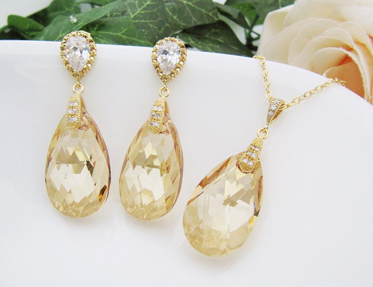 Bridal Necklace Bridal Earrings Matte Rodium Plated Cubic Zirconia Bail With (huge) Golden Shadow Swarovski Crystal Drops Bridal Jewelry Se