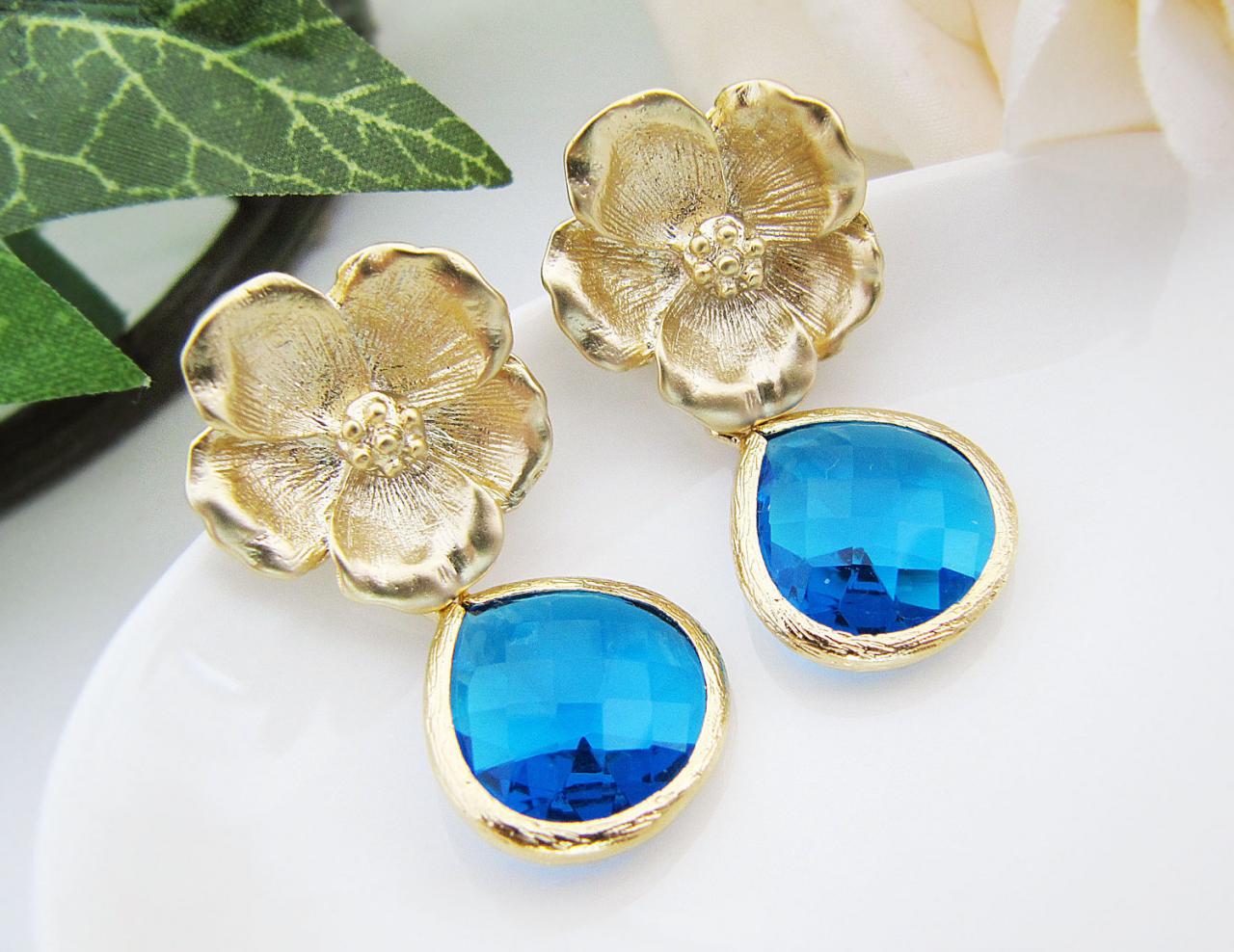 Matte Gold Flower Ear Posts And Capri Blue Glass Drop Earrings . For Her. Gift For Her. Bridesmaid Earrings