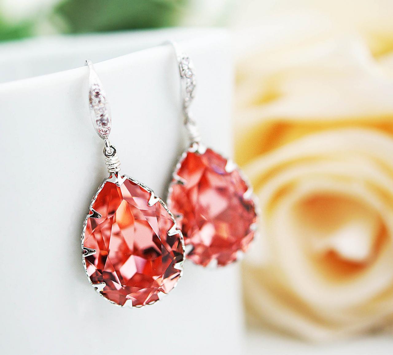 Bridal Earrings Bridesmaid Earrings Cubic Zirconia Ear Wires And Rose Peach Coral Swarovski Crystal Tear Drops