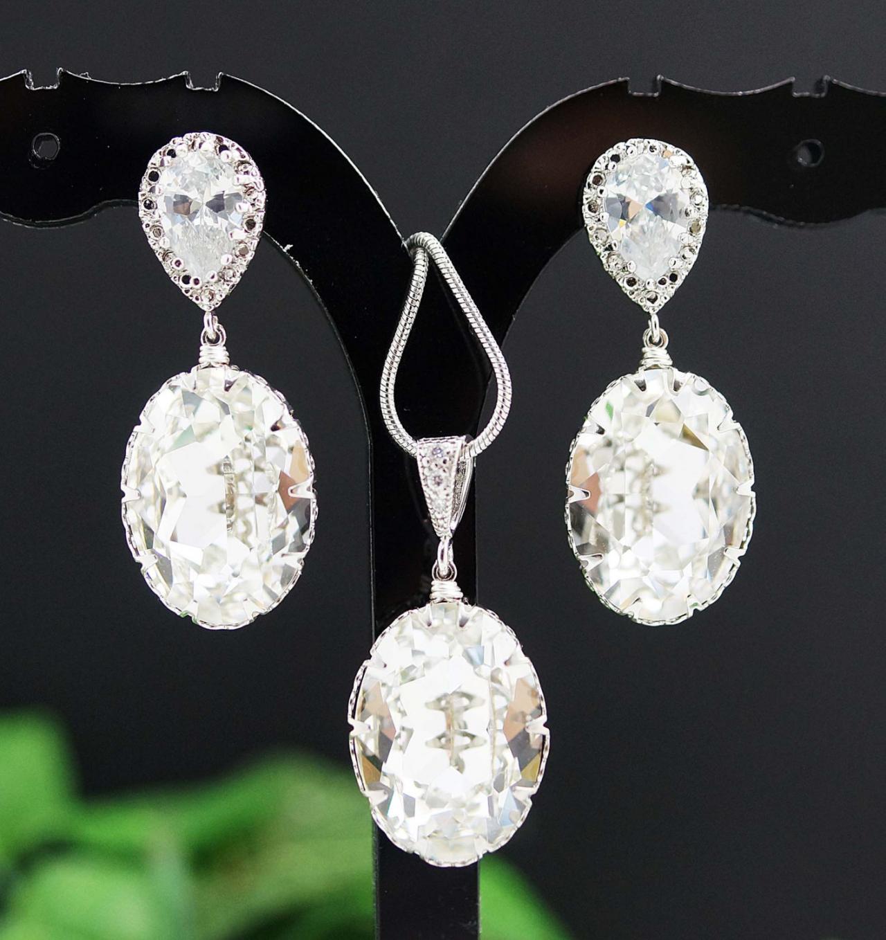 Bridal Necklace Bridal Earrings Clear White Swarovski Crystal Oval drops Bridal Jewelry Set