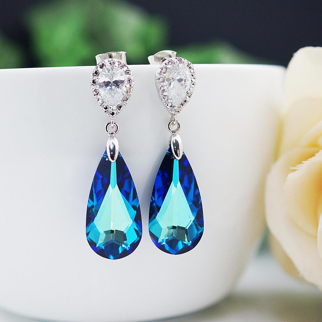 Bridal Earrings Matte Rodium Plated Cubic Zirconia Ear Posts With Large Bermuda Blue Swarovski Crystal Drops