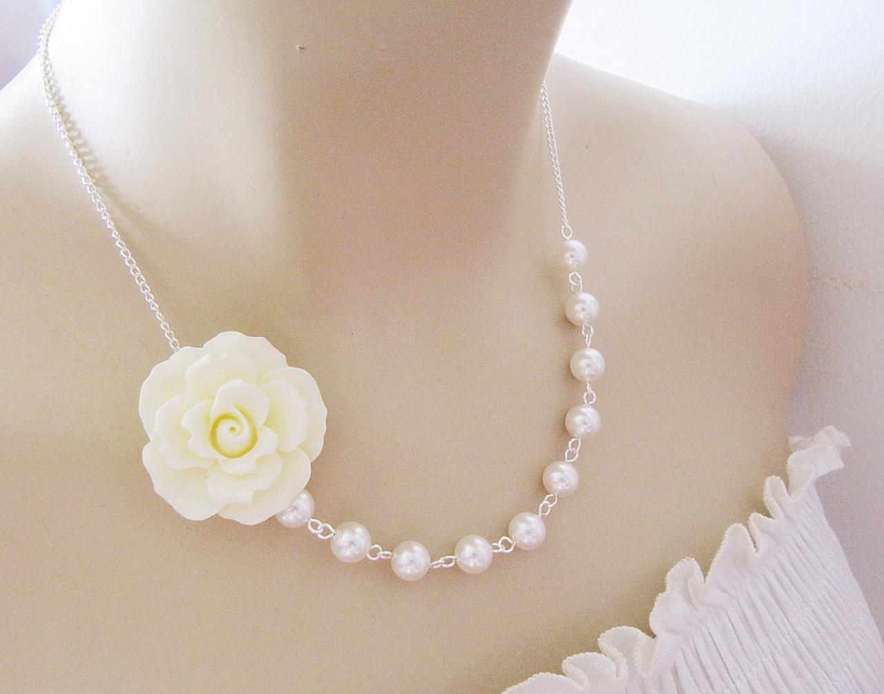 Wedding Jewelry Bridal Jewelry Bridal Necklace Bridesmaid Necklace Cream Ruffle Rose Flower Cabochon And Crystal White Swarovski Pearls