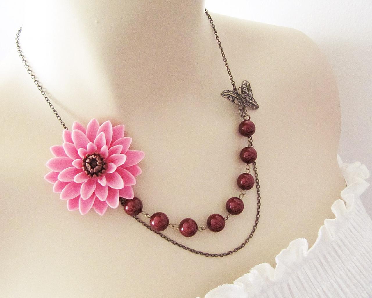 Sachet Pink with Brown Chrysanthemum Flower Cabochon, Antique Brass Butterfly charm and Maroon Swarovski Pearls Necklace
