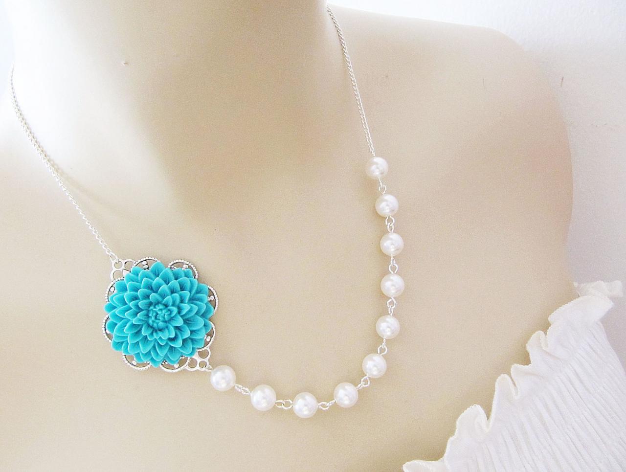 Wedding Jewelry Bridesmaid Jewelry Bridal Necklace Bridesmaid Necklace - Turquoise blue Flower Cabochon and Crystal White Swarovski Pearls