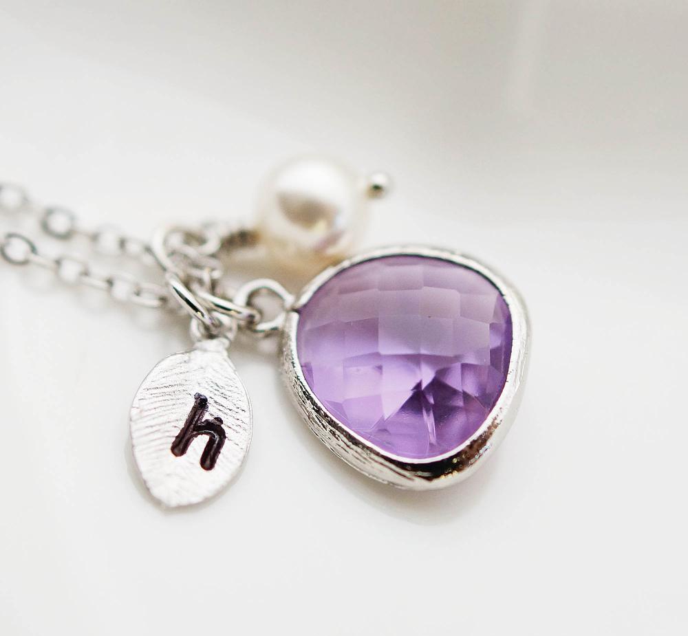 Wedding Jewelry Bridesmaid Jewelry Bridesmaid Necklace Personalized Initial Necklace - Dark Lilac Glass Drop And Leaf With Swarovski Pearl