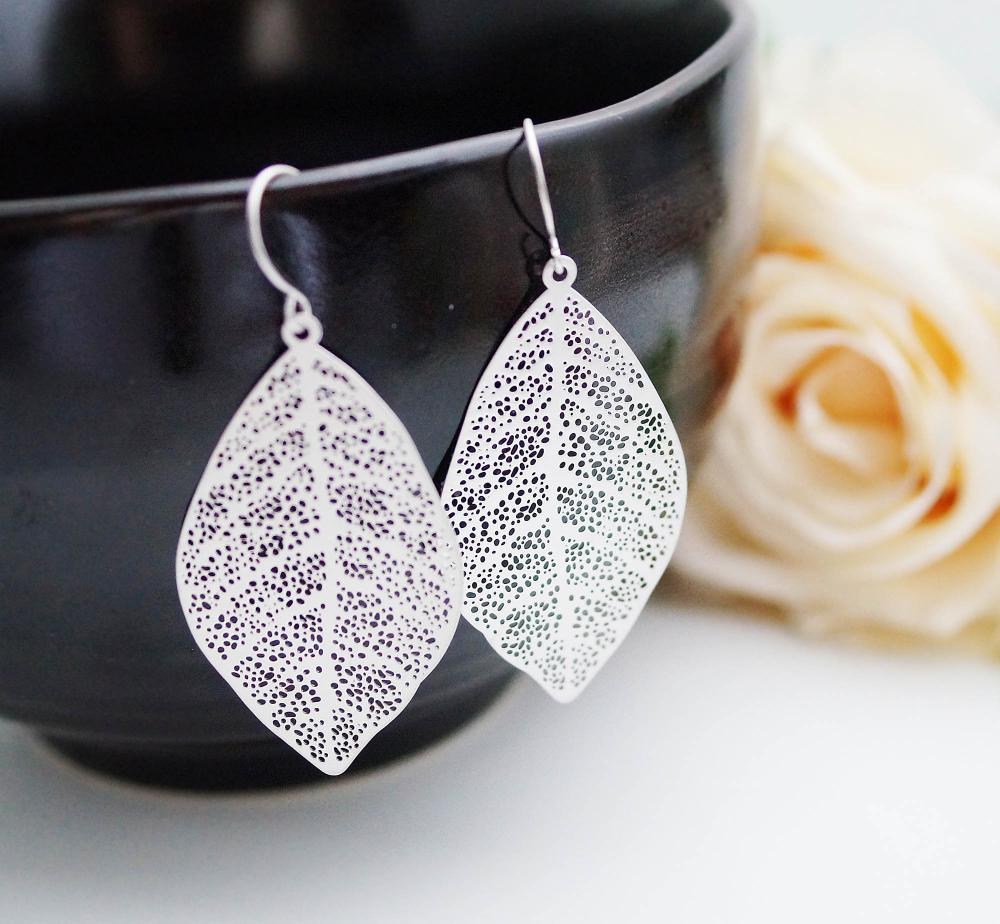 Modern Jewelry Modern Earrings Matte Rodium Plated Leaf Earrings . For Her. Gift For Her . Gift Under 20
