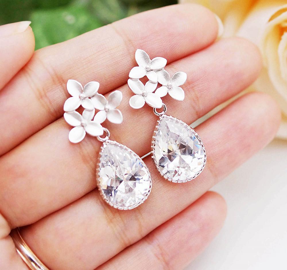 Wedding Jewelry Bridal Earrings Bridesmaid Earrings Flower Ear Posts With Clear White Cubic Zirconia Tear Drops
