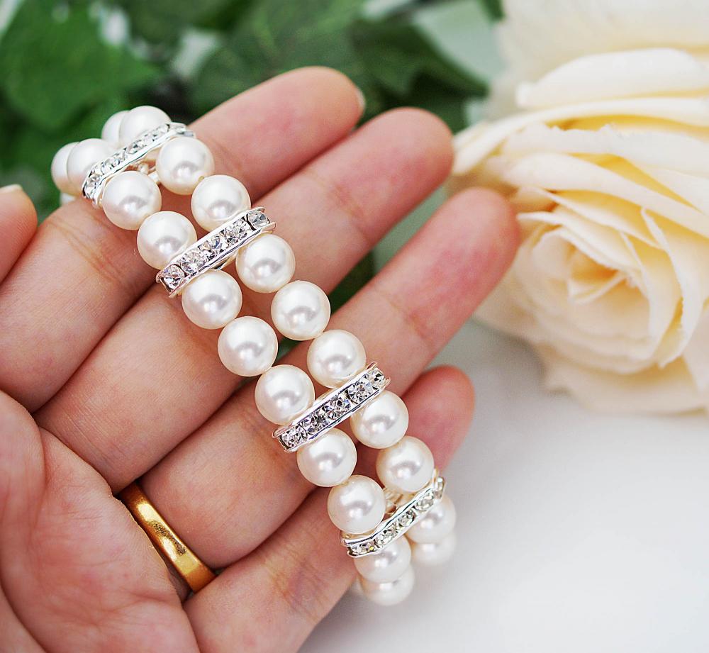 Wedding Jewelry Bridal Bracelet Bridesmaid Bracelet 2 Strands Of Crystal White Swarovski Pearls With Rhinestone Spacers Bracelet
