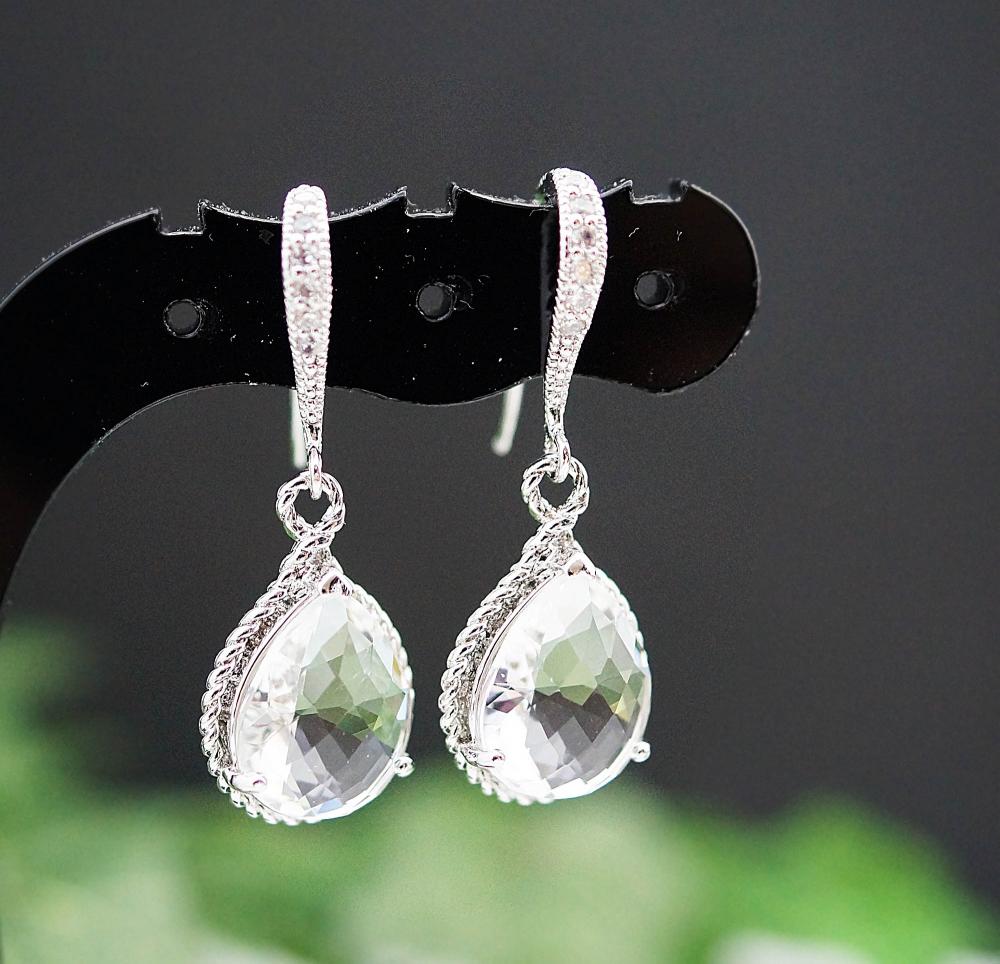 Wedding Jewelry Bridal Earrings Bridesmaid Earrings Cubic Zirconia Ear Wires With Clear Glass Rhodium Trimmed Pear Cut Earrings