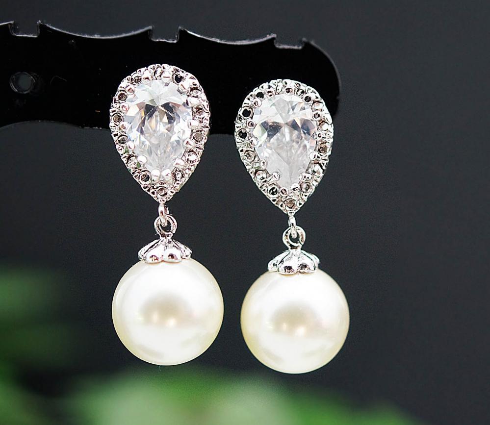 Wedding Jewelry Wedding Earrings Bridal Earrings Bridesmaid Earrings Cubic Zirconia Ear Posts With Cream Swarovski Pearl Earrings