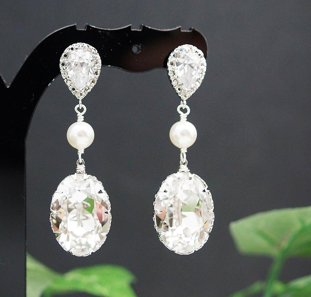 Wedding Bridal Jewelry Bridal Earrings Bridesmaid Earrings Cubic Zirconia Earrings With Clear White Oval Swarovski Crystal And Pearl Drops
