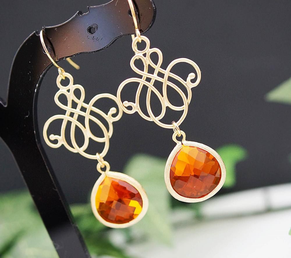 Everyday Wear Jewelry Wedding Jewelry Bridesmaid Jewelry Matte Gold Plated Oriential Charm With Fire Opal Orange Glass Drops Earrings