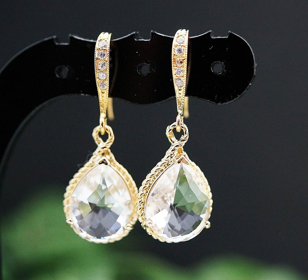 Wedding Jewelry Bridal Earrings Bridesmaid Earrings Cubic Zirconia Ear Wires With Clear Glass Gold Trimmed Pear Cut Earrings