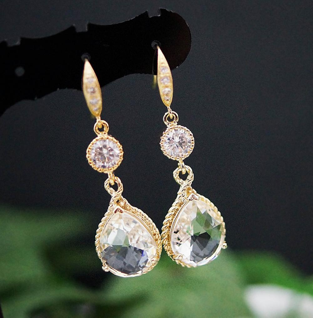 Wedding Jewelry Bridal Earrings Bridesmaid Earrings Cubic Zirconia Ear Wires With Clear Glass Gold Trimmed Pear Cut Earrings