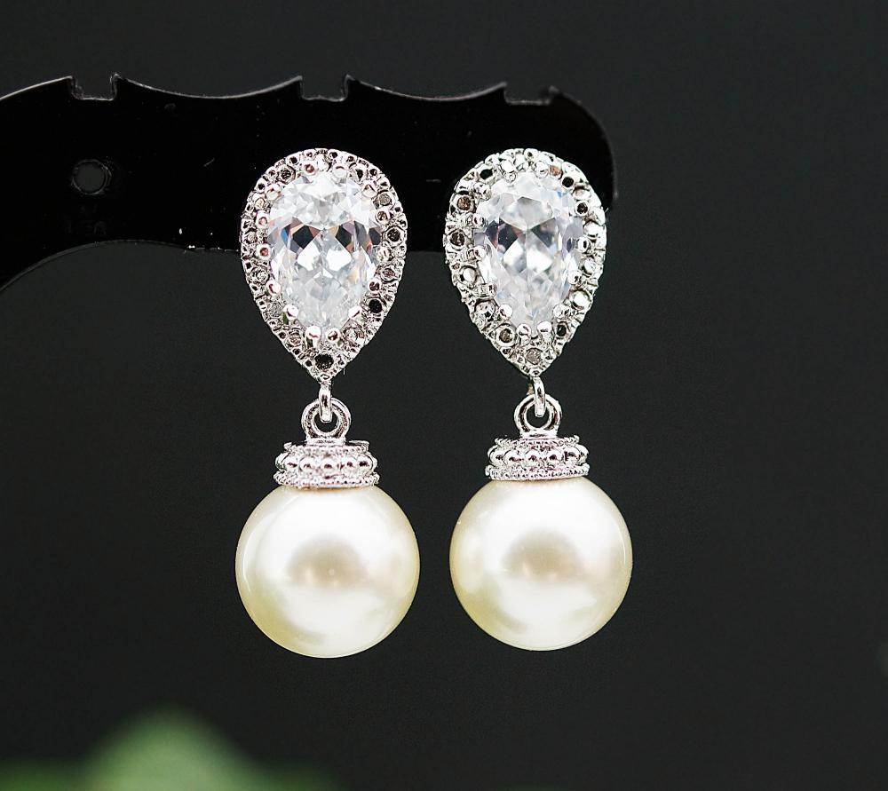 Wedding Jewelry Wedding Earrings Bridal Earrings Bridesmaid Earrings Cubic Zirconia Ear Posts With Cream Swarovski Pearl Earrings
