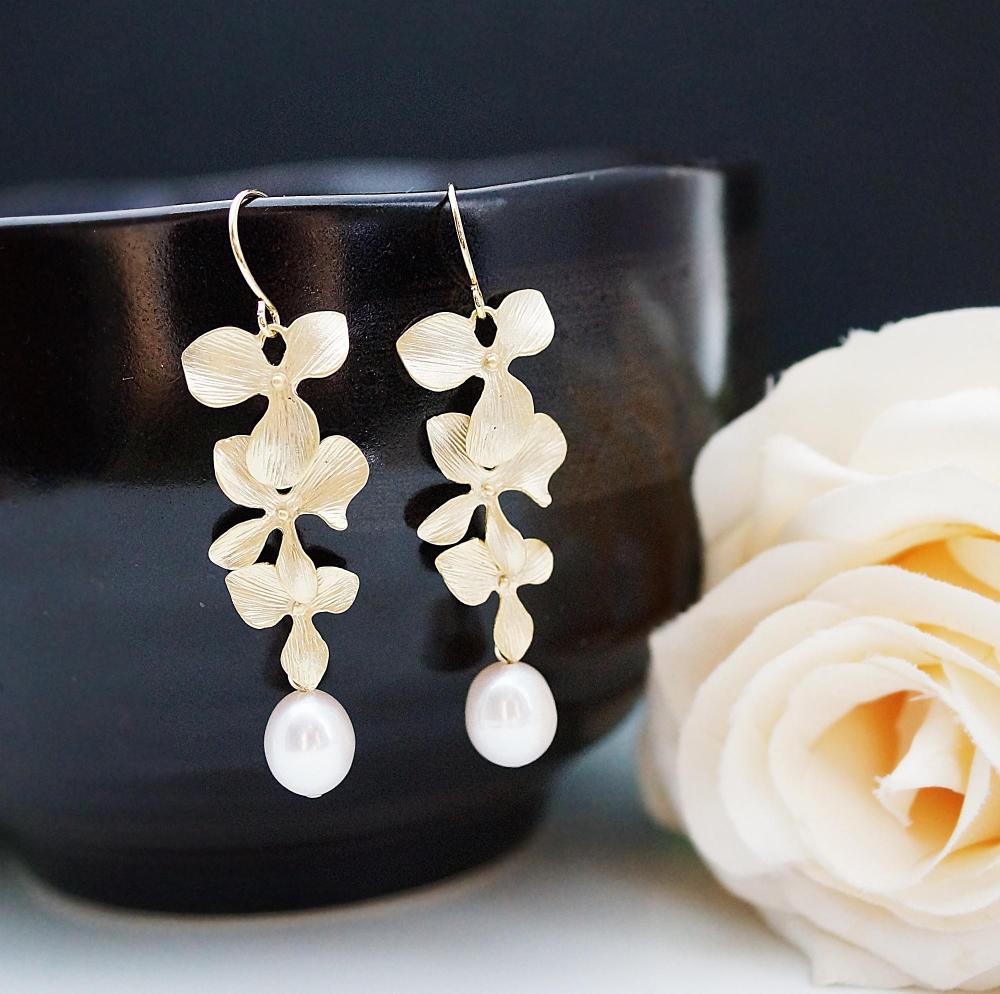 Everyday Wear Jewelry Wedding Jewelry Bridesmaid Jewelry Matte Gold Plated Orchid Trio Charm With Fresh Water Pearl Drops Earrings