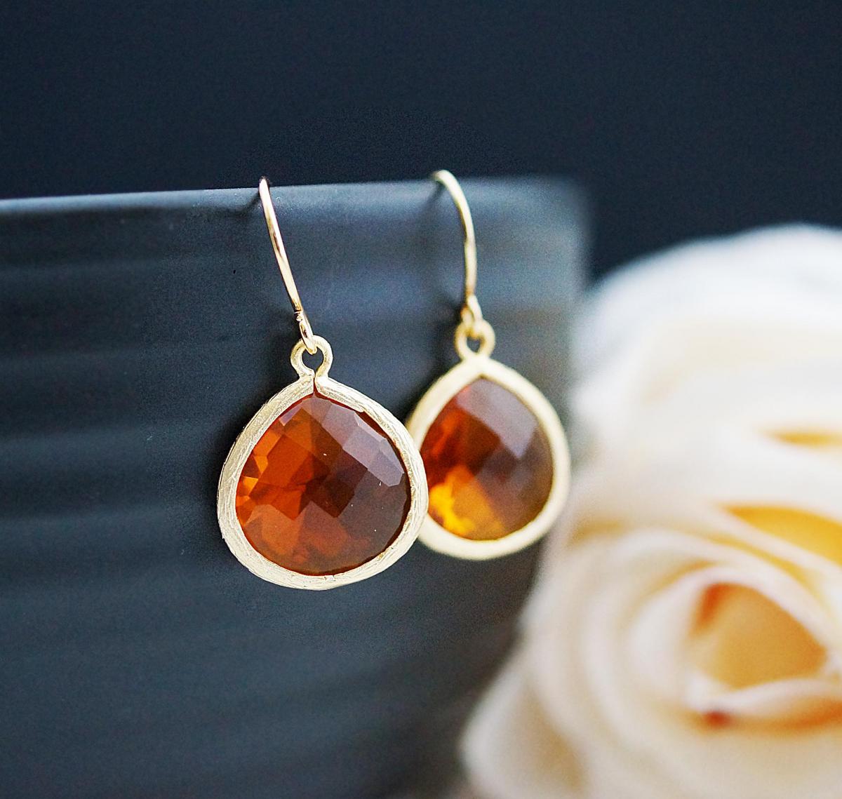 Wedding Jewelry Bridesmaid Jewelry Bridal Earrings Bridesmaid Earrings Dangle Earrings Orange Fire Opal Glass Gold Trimmed Earrings