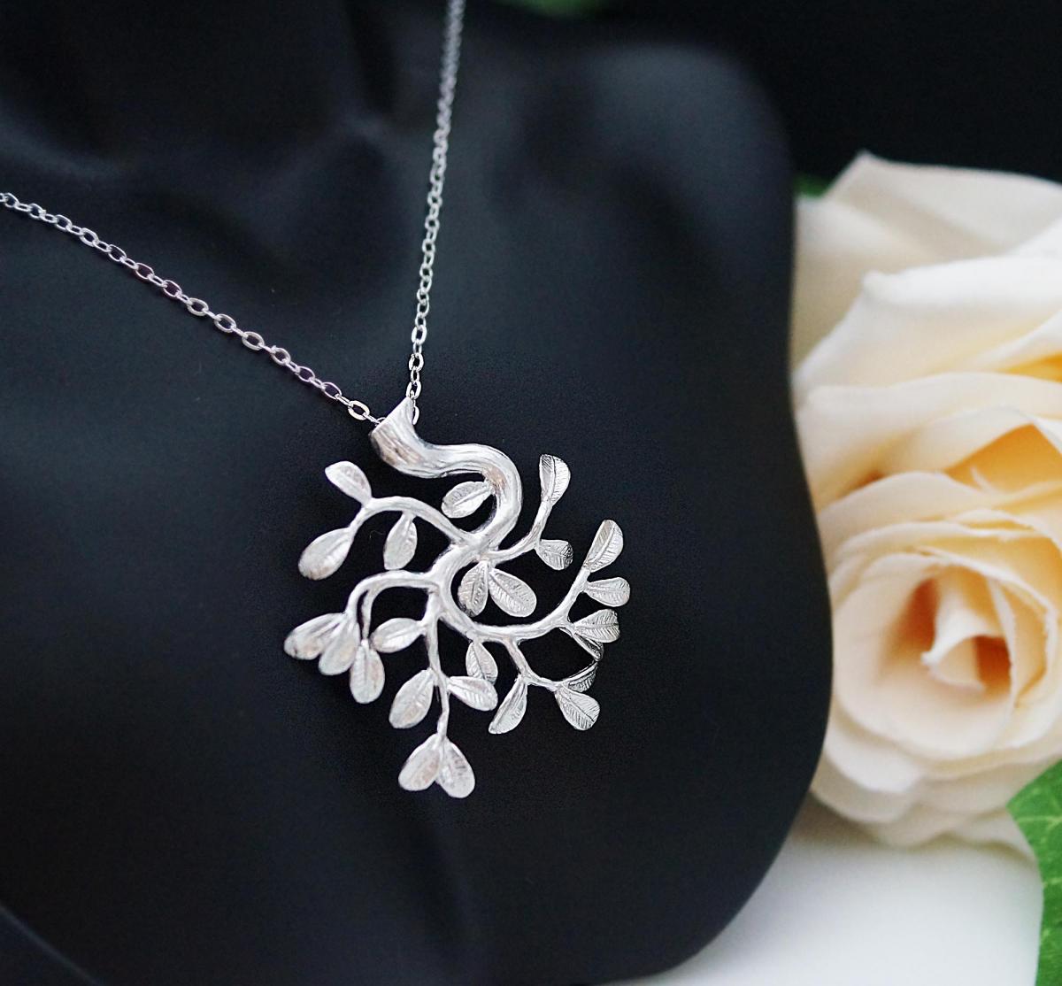 Tree Of Life . Matte White Gold Plated Tree With Branch And Leaf Necklace