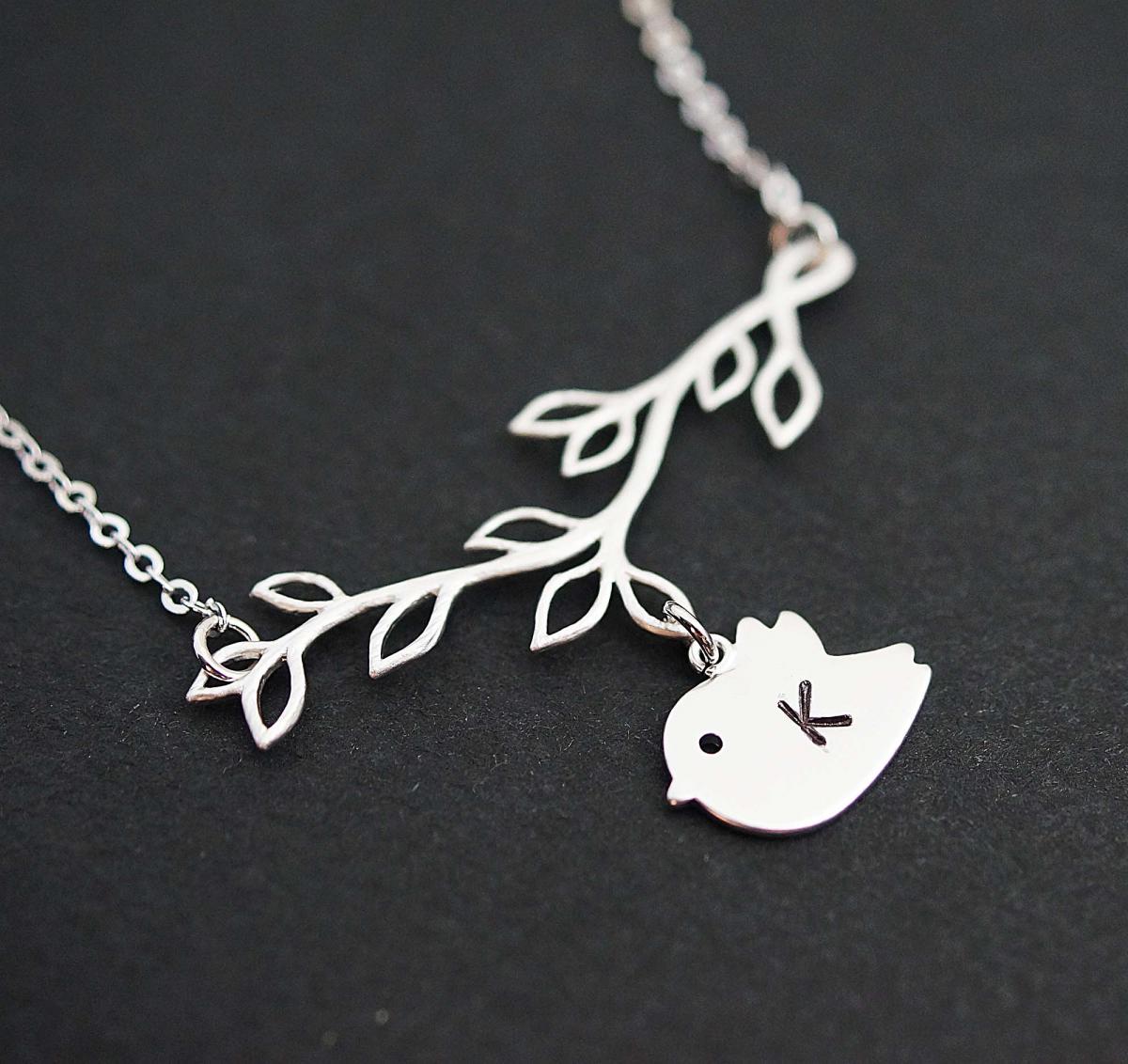 Personalized Initial Bird With Branch Necklace, Initial Necklace, Gift For Friend Friendship Gift For Her Mothers Gifts